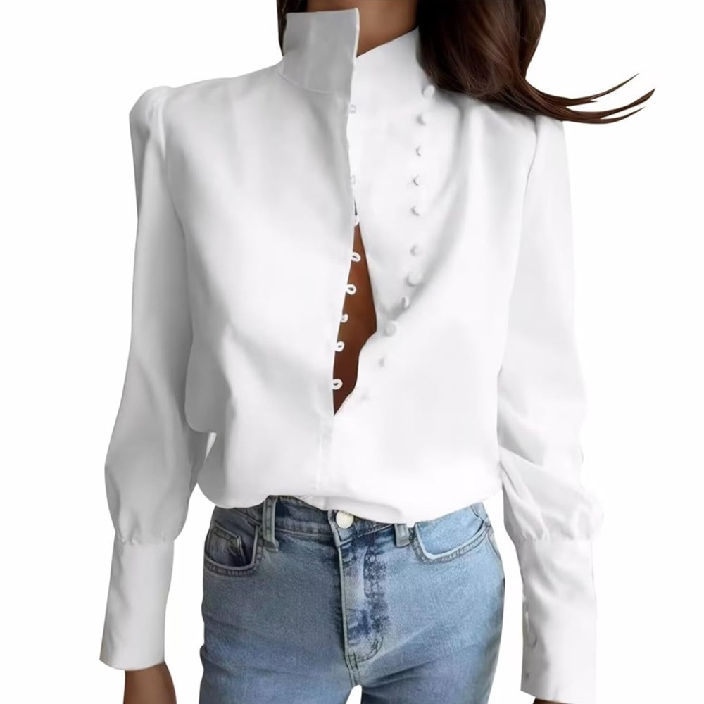 Women’s White Button-Front High-Collar Blouse